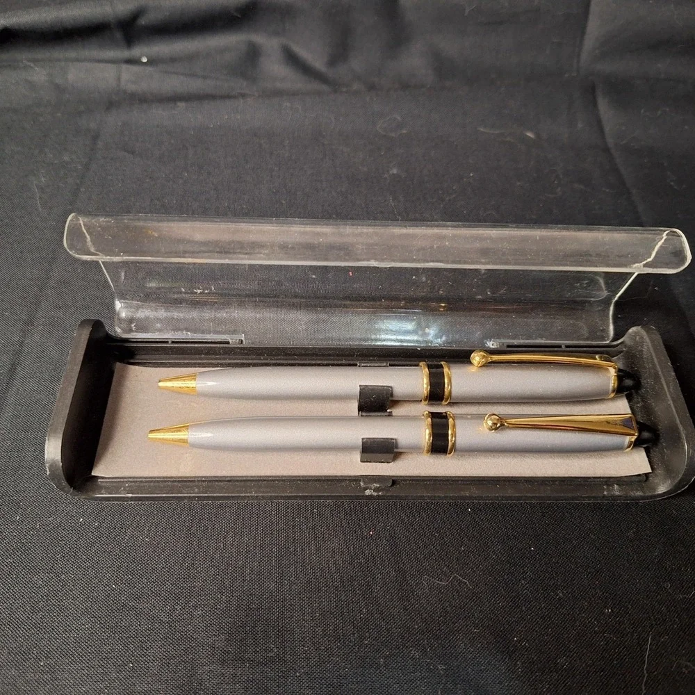 Vintage Silver and Gold Tone Two Ballpoint Pens set with Case